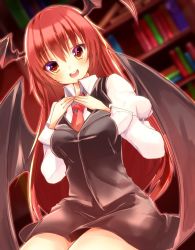 Rule 34 | 1girl, armband, aura, bad id, bad twitter id, black skirt, black vest, book, bookshelf, breasts, brown eyes, collared shirt, commentary request, demon wings, eyes visible through hair, fingers together, gradient eyes, head wings, highres, koakuma, long hair, looking at viewer, medium breasts, multicolored eyes, necktie, purple eyes, red hair, red necktie, shirt, sitting, skirt, solo, thighs, touhou, varyu, very long hair, vest, white shirt, wings, yellow eyes
