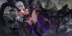 Rule 34 | 1girl, artillery, azur lane, bar censor, bare shoulders, black dress, black footwear, black gloves, black thighhighs, breast sucking, breasts, censored, corruption, cum, cum in pussy, cum on body, cum on breasts, cum on hair, cum on upper body, cum overflow, detached collar, dress, elbow gloves, facial, full body, gloves, high heels, highres, illustrious (azur lane), large breasts, long hair, mechanical tentacles, nipples, open mouth, pubic tattoo, purple eyes, rigging, shoes, skindentation, solo, swd3e2, tattoo, tentacle sex, tentacles, thighhighs, torn clothes, torn dress, turret, very long hair, water, white hair