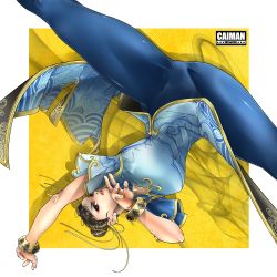 Rule 34 | 1girl, artist name, blue pants, bracelet, breasts, brown hair, cai-man, capcom, chinese clothes, chun-li, earrings, eyeshadow, fighting stance, hair ribbon, highres, jewelry, large breasts, lipstick, makeup, pants, pearl earrings, red eyeshadow, ribbon, solo, spinning bird kick, street fighter, street fighter 6, tight clothes, tight pants, watermark, yellow ribbon