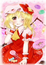 Rule 34 | 1girl, :q, blonde hair, bow, candy, candy wrapper, collared shirt, crystal, doughnut, flandre scarlet, food, frilled shirt collar, frilled skirt, frilled sleeves, frills, hair between eyes, hat, hat bow, ichinose aki, lollipop, looking at viewer, macaron, medium hair, mob cap, multicolored wings, one eye closed, one side up, pink background, puffy short sleeves, puffy sleeves, red bow, red eyes, red ribbon, red skirt, red vest, ribbon, ribbon-trimmed headwear, ribbon-trimmed sleeves, ribbon trim, shirt, short sleeves, simple background, skirt, skirt set, sleeve bow, solo, swirl lollipop, tongue, tongue out, touhou, vest, white hat, white shirt, wings, wrist cuffs