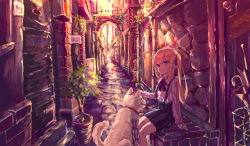 Rule 34 | 1girl, alley, black skirt, blonde hair, blush, bow, bowtie, box, brick floor, c4 art, child, commentary, day, dog, expressionless, feet out of frame, hair bow, highres, long hair, long sleeves, looking at viewer, mechanical hands, one side up, open mouth, original, outdoors, petting, plant, pleated skirt, potted plant, purple bow, red bow, red bowtie, shirt, shirt tucked in, skirt, solo, stone wall, suspender skirt, suspenders, wall, white shirt