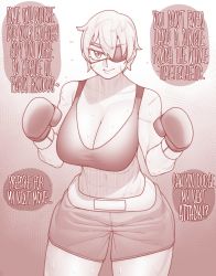 Rule 34 | 1girl, abs, boxing gloves, boxing shorts, breasts, collarbone, commission, ekz (robotekz), english text, eyepatch, facial scar, highres, large breasts, monochrome, scar, scar on arm, scar on cheek, scar on face, short hair, shorts, thick thighs, thighs, wide hips