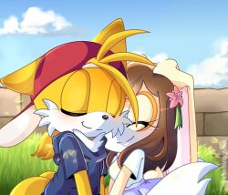 Rule 34 | 1boy, 1girl, animal ears, animal nose, backwards hat, blue sky, blush, body fur, character request, closed eyes, commentary, couple, ears through headwear, flower, fox boy, fox ears, fox tail, furry, furry female, furry male, grass, hair flower, hair ornament, happy, hat, hetero, holding, multiple tails, outdoors, piriiwana, rabbit ears, rabbit girl, sky, smile, sonic (series), spanish commentary, tail, tails (sonic), two tails