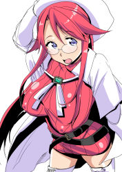 Rule 34 | 1girl, aty (summon night), belt, beret, blue eyes, boots, breasts, cape, cross-laced footwear, dress, glasses, hat, large breasts, long hair, looking at viewer, loose belt, open mouth, red hair, red sweater, ribbed sweater, satsuki imonet, solo, summon night, summon night 3, sweater, thigh boots, thighhighs, turtleneck, white footwear