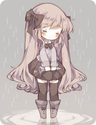 Rule 34 | 1girl, artist name, autumn, black bow, black bowtie, black skirt, black thighhighs, blue background, blue footwear, blue jacket, blush, boots, bow, bowtie, chibi, closed eyes, closed mouth, collar, collared shirt, commentary, english commentary, eyelashes, footwear bow, hair bow, holding, holding umbrella, jacket, light brown hair, light smile, littlebluemuffin, long hair, long sleeves, miniskirt, original, pleated skirt, puddle, rain, reflection, reflective water, shirt, sidelocks, skirt, smile, sweater jacket, thighhighs, umbrella, very long hair, wavy hair, wet, white collar, yumeruu (littlebluemuffin)