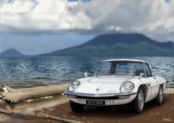Rule 34 | absurdres, blue sky, blurry, car, cloud, day, depth of field, highres, kinnan, lake, license plate, log, mazda, mazda cosmo, motor vehicle, mountain, no humans, original, outdoors, right-hand drive, scenery, signature, sky, sports car, vehicle focus, water