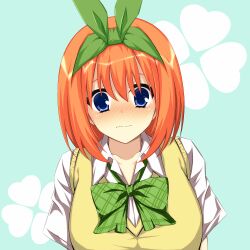 Rule 34 | 1girl, asagi nanami, blue eyes, blush, bow, close-up, closed mouth, clover print, commentary request, dress shirt, embarrassed, eyebrows hidden by hair, eyelashes, frown, go-toubun no hanayome, green bow, green ribbon, hair between eyes, hair ribbon, blue background, looking at viewer, medium hair, nakano yotsuba, nose blush, orange hair, plaid, plaid bow, ribbon, school uniform, shirt, short sleeves, simple background, solo, straight-on, sweater vest, uniform, wavy mouth, white shirt, yellow sweater vest