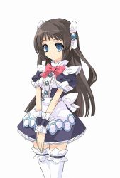 Rule 34 | 1girl, apron, black hair, blue eyes, blue skirt, bow, frills, hair ornament, hairpin, highres, ito noizi, kamisama to unmei (series), kamisama to unmei kakumei no paradox, long hair, official art, pink bow, puffy sleeves, ribbon, saotome liliel, skirt, smile, solo, standing, thighhighs, v arms, white background, white thighhighs, wrist cuffs