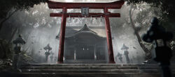 Rule 34 | absurdres, architecture, building, commentary, east asian architecture, english commentary, fog, forest, gensokyo delimitation, geralt7, grey theme, highres, nature, no humans, outdoors, rope, scenery, shimenawa, shrine, stairs, stone lantern, temple, torii, touhou, tree