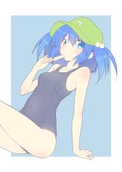 Rule 34 | 1girl, absurdres, arm support, bare arms, bare shoulders, black one-piece swimsuit, blue background, blue eyes, blue hair, border, breasts, cabbie hat, collarbone, commentary request, covered navel, food, green hat, hair between eyes, hair bobbles, hair ornament, hand up, hat, highres, holding, holding food, kawashiro nitori, nirap, one-piece swimsuit, outside border, popsicle, school swimsuit, short hair, sidelocks, simple background, sitting, small breasts, solo, swimsuit, thighs, touhou, two side up, white border