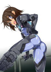 Rule 34 | 1girl, :o, arm support, ass, black hair, blue eyes, blush, bodysuit, breasts, brown hair, covered erect nipples, fang, formal, from behind, gloves, gradient background, hair between eyes, hand on own hip, kuronyan, leaning forward, leg lift, looking at viewer, looking back, muv-luv, muv-luv alternative, muv-luv total eclipse, open mouth, pilot suit, railing, shiny clothes, short hair, skin tight, small breasts, solo, suit, tarisa manandal
