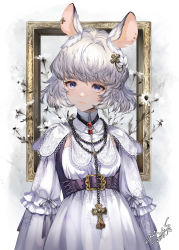 Rule 34 | 1girl, absurdres, animal ears, blue eyes, breasts, cross, cross earrings, cross necklace, dress, earrings, flower, grey hair, highres, hori airi, jewelry, latin cross, long sleeves, looking at viewer, medium hair, mouse (animal), mouse ears, mouse girl, necklace, original, picture frame, small breasts, solo, white dress