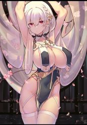 Rule 34 | 1girl, 2020, absurdres, alternate costume, arms up, asla yu, azur lane, bare arms, branch, breast curtains, breasts, cherry blossoms, china dress, chinese clothes, collarbone, commentary, covered navel, cowboy shot, dated, dress, floral print, flower, garter straps, hair between eyes, hair flower, hair ornament, highres, large breasts, looking at viewer, no bra, pelvic curtain, petals, red eyes, revealing clothes, short hair, signature, sirius (azur lane), sirius (azure horizons) (azur lane), solo, standing, thighhighs, thighs, white hair, white thighhighs