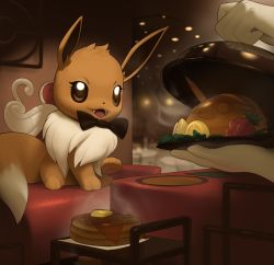 Rule 34 | 1other, :3, ambiguous gender, animal focus, berry (pokemon), black bow, black bowtie, bow, bowtie, bread, brown eyes, butter, clothed pokemon, creatures (company), disembodied hand, drooling, eevee, fangs, fluffy, food, foodification, fruit, full body, fur collar, game freak, gen 1 pokemon, gloves, happy, highres, hungry, indoors, inkune, leaf, lemon, nintendo, open mouth, pancake, pawpads, pikachu, plate, pokemon, pokemon (creature), razz berry, reflection, saliva, serving dome, sitting, smile, solo focus, steam, syrup, table, white gloves