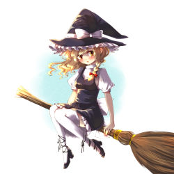 Rule 34 | 1girl, blonde hair, blush, bow, braid, broom, broom riding, hair bow, hat, hat bow, highres, kirisame marisa, side braid, solo, thighhighs, touhou, umi (umi02), white thighhighs, witch hat, yellow eyes