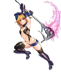 Rule 34 | 1girl, blonde hair, boots, breasts, curvy, female focus, gloves, highres, jumping, lebe safree (taimanin asagi), lilith-soft, looking at viewer, nipples, no bra, partially visible vulva, scythe, shiny skin, short hair, short shorts, shorts, simple background, small breasts, smile, solo, taimanin (series), taimanin asagi kessen arena, weapon, white background, yellow eyes, zol