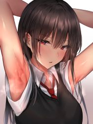 Rule 34 | 1girl, armpit focus, armpits, arms up, black hair, black vest, blush, collared shirt, gradient background, long hair, looking at viewer, necktie, original, parted lips, presenting armpit, red eyes, red necktie, school uniform, shirt, short sleeves, simple background, solo, sweat, sweater vest, upper body, vest, white shirt, yuyu (yuyuworks)