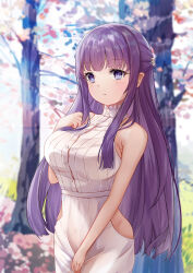 Rule 34 | 1girl, :t, bare arms, bare shoulders, blurry, blurry background, blush, breasts, closed mouth, commentary request, day, depth of field, dress, fern (sousou no frieren), hand up, highres, hip vent, large breasts, long hair, looking at viewer, mutang, outdoors, petals, pout, purple eyes, purple hair, sleeveless, sleeveless dress, solo, sousou no frieren, tree, very long hair, white dress
