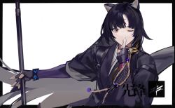 Rule 34 | 1girl, ;o, animal ears, arknights, black border, black gloves, black hair, black kimono, blush, border, bracelet, brown eyes, dog ears, dog girl, elbow gloves, facial mark, fingerless gloves, forehead mark, gloves, hand up, holding, japanese clothes, jewelry, kimono, long hair, long sleeves, looking at viewer, nineo, one eye closed, open mouth, outstretched arm, parted bangs, saga (arknights), simple background, solo, upper body, very long hair, white background, wide sleeves