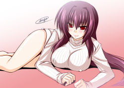 Rule 34 | 1girl, alternate costume, bare legs, barefoot, blush, breasts, closed mouth, covered erect nipples, engo (aquawatery), fate/grand order, fate (series), large breasts, long hair, long sleeves, lying, on stomach, purple hair, red eyes, ribbed sweater, scathach (fate), smile, solo, sweater