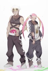 Rule 34 | &gt;:(, 1boy, 1girl, abs, arm tattoo, baggy pants, bare shoulders, chain, chain necklace, clothing cutout, cosplay, costume switch, creatures (company), dark-skinned male, dark skin, eye contact, eyewear on head, frown, full body, game freak, guzma (pokemon), guzma (pokemon) (cosplay), hair ornament, hand on own hip, highres, hood, hoodie, jewelry, looking at another, makeup, mascara, midriff, multicolored hair, muscular, navel, navel cutout, necklace, nintendo, no-kan, no hikado, pants, pink hair, plumeria (pokemon), plumeria (pokemon) (cosplay), pokemon, pokemon sm, pubic tattoo, shirt, shoes, short sleeves, simple background, sleeveless, standing, stomach tattoo, sunglasses, tank top, tattoo, team skull, twintails, two-tone hair, v-shaped eyebrows, wavy hair, white background, white hair, wristband, yellow eyes