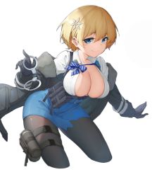 Rule 34 | 1girl, absurdres, belt, black gloves, black jacket, black pantyhose, blonde hair, blue belt, blue skirt, blush, bow, bowtie, breasts, buckle, button gap, cleavage, closed mouth, collarbone, collared shirt, commentary request, cowboy shot, cuffs, dress shirt, girls&#039; frontline, gloves, hair between eyes, hair ornament, handcuffs, highres, holding, holding handcuffs, inconvenient breasts, jacket, kafeifeifeifeifeifei jiemo jun, large breasts, leg strap, legs apart, looking at viewer, miniskirt, mole, mole under eye, open clothes, open jacket, pantyhose, pouch, shirt, shirt tucked in, short hair, simple background, skirt, smile, snap-fit buckle, snowflake hair ornament, solo, standing, striped bow, striped bowtie, striped clothes, striped neckwear, taut clothes, taut skirt, thigh pouch, thigh strap, vsk-94 (girls&#039; frontline), white background, white shirt