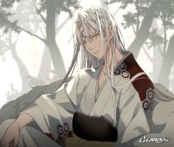 Rule 34 | 1boy, armor, artist name, crescent, facial mark, forehead mark, fur, gearous, inuyasha, japanese clothes, lips, long hair, looking at viewer, male focus, pointy ears, sesshoumaru, silver hair, sitting, solo, upper body, yellow eyes