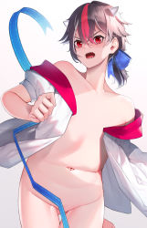 Rule 34 | 1girl, absurdres, alternate hairstyle, angry, arm behind back, arrow (symbol), arrow print, bad id, bad pixiv id, banitya, bare shoulders, black hair, blue ribbon, blush, bottomless, breasts, clenched hands, clothes pull, cone horns, convenient censoring, cowboy shot, embarrassed, gluteal fold, grey horns, groin, hair between eyes, hair ribbon, hand up, highres, horns, kijin seija, leaning forward, looking at viewer, medium hair, messy hair, midriff, multicolored hair, navel, no bra, no panties, no pants, off shoulder, open clothes, open mouth, open shirt, ponytail, red eyes, red hair, ribbon, sharp teeth, shirt pull, silver hair, small breasts, solo, stomach, streaked hair, teeth, thigh gap, touhou, undressing