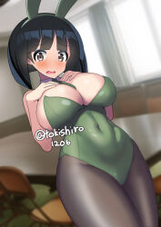 Rule 34 | 1girl, animal ear hairband, animal ears, between breasts, black eyes, black hair, blunt bangs, blunt ends, blurry, blurry background, blush, bob cut, breasts, cleavage, collar, commentary request, covered navel, cowboy shot, depth of field, detached collar, fake animal ears, frown, girls und panzer, gotou moyoko, green necktie, grey pantyhose, hands on own chest, indoors, large breasts, leotard, looking at viewer, necktie, open mouth, pantyhose, partial commentary, playboy bunny, rabbit ear hairband, rabbit ears, short hair, solo, standing, strapless, strapless leotard, tokishiro (himawarihatake), white collar, wrist cuffs