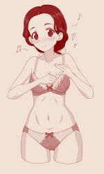 Rule 34 | 1girl, adjusting bra, adjusting clothes, beamed eighth notes, blush, bow, bow bra, bow panties, bra, breasts, cleavage, closed mouth, commentary, cowboy shot, cropped legs, eighth note, girls und panzer, gluteal fold, gogopaint, hair ribbon, hamada kiyo, heart, looking at viewer, medium breasts, medium hair, monochrome, musical note, navel, panties, ponytail, ribbon, sepia, smile, solo, standing, underwear, underwear only