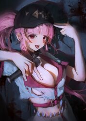 Rule 34 | 1girl, \n/, absurdres, baseball cap, belt, breasts, cleavage, finger gun, finger gun to head, greedice, hat, highres, holding, holding microphone, hololive, hololive english, large breasts, looking at viewer, microphone, mori calliope, navel, pink hair, ponytail, red eyes, shirt, tongue, tongue out, torn clothes, virtual youtuber, white shirt