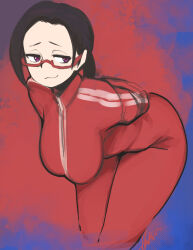 Rule 34 | 1girl, :3, arms behind back, artist logo, black hair, blue background, breasts, closed mouth, demi-chan wa kataritai, eyebrows, eyelashes, feet out of frame, female focus, glasses, gradient background, half-closed eyes, hanging breasts, hatsu (hatsumiilkshake), huge breasts, jacket, long hair, looking at viewer, looking to the side, low ponytail, naughty face, pants, plump, ponytail, purple eyes, red-framed eyewear, red background, red jacket, red pants, satou sakie, simple background, smile, smug, solo, standing, track jacket, two-tone background