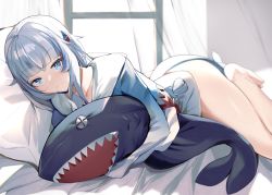 Rule 34 | 1girl, bare legs, barefoot, bed sheet, blue eyes, blue hair, blue hoodie, blunt bangs, closed mouth, collarbone, commentary request, hugging doll, fins, fish tail, gawr gura, hair ornament, highres, hololive, hololive english, hood, hoodie, indoors, long hair, long sleeves, looking at viewer, lying, multicolored hair, hugging object, on bed, on side, open mouth, shark tail, smile, solo, streaked hair, stuffed animal, stuffed toy, tail, two side up, virtual youtuber, white hair, yuuyuu (yuuki1771)