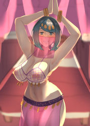 Rule 34 | 1girl, absurdres, arabian clothes, armpits, arms up, belly dancing, blue eyes, blue hair, breasts, cleavage, creatures (company), dancer, freckles, game freak, grin, groin, highres, lana&#039;s mother (pokemon), large breasts, looking at viewer, mature female, mouth veil, navel, nintendo, nipples, no panties, pokemon, pokemon (anime), pokemon sm (anime), see-through, shirosuke, smile, solo, teeth, veil