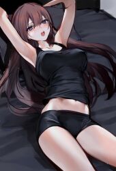Rule 34 | 1girl, armpits, arms up, bed, black shorts, black tank top, blue eyes, breasts, brown hair, commentary request, cowboy shot, highres, large breasts, long hair, looking at viewer, lying, midriff peek, on back, on bed, open mouth, original, pillow, short shorts, shorts, solo, sweat, tank top, tarutaru yamaoka, thighs