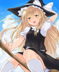 Rule 34 | 1girl, :d, arm above head, arm behind head, arm up, black hat, black skirt, black vest, bloomers, blouse, blush, bow, breasts, broom, broom riding, cloud, commentary request, cumulonimbus cloud, day, eyebrows hidden by hair, from below, hair bow, hair ribbon, hat, hat bow, highres, kirisame marisa, kneehighs, knees together feet apart, long hair, looking at viewer, nanana (chicken union), open mouth, outdoors, puffy short sleeves, puffy sleeves, ribbon, shirt, short sleeves, single sidelock, skirt, small breasts, smile, socks, solo, touhou, tress ribbon, turtleneck, underwear, upskirt, very long hair, vest, white bow, white shirt, white socks, witch hat, yellow eyes