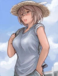 Rule 34 | 00s, 1girl, breasts, brown hair, casual, cloud, day, hat, large breasts, aged up, open mouth, rozen maiden, short hair, sky, solo, souseiseki, straw hat, tan, tsuda nanafushi