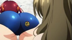 Rule 34 | 2girls, all fours, animated, animated gif, antenna hair, ass, ass shake, badge, blue one-piece swimsuit, button badge, english text, grey hair, isshiki akane, long hair, lowres, multiple girls, non-web source, one-piece swimsuit, outdoors, red hair, school swimsuit, screencap, scrunchie, shinomiya himawari, shiny clothes, short hair, short twintails, swimsuit, thigh gap, twintails, vividred operation