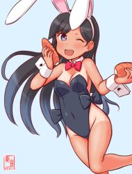Rule 34 | 1girl, animal ears, black hair, black leotard, blue background, blush, bow, bowtie, breasts, brown eyes, carrot, covered navel, detached collar, fake animal ears, gradient background, i-400 (kancolle), kanon (kurogane knights), kantai collection, leotard, long hair, one-hour drawing challenge, one-piece tan, one eye closed, open mouth, playboy bunny, rabbit ears, rabbit tail, side-tie leotard, small breasts, solo, strapless, strapless leotard, tail, tan, tanline, traditional bowtie, wrist cuffs