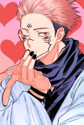 Rule 34 | 1boy, arm tattoo, black nails, closed mouth, commentary request, extra eyes, facial tattoo, fushirun rung, hand on own chin, heart, heart background, highres, japanese clothes, jujutsu kaisen, kimono, korean commentary, long sleeves, looking at viewer, male focus, nail polish, one eye closed, red eyes, ryoumen sukuna (jujutsu kaisen), scarf, short hair, solo, tattoo, undercut, v, white kimono, wide sleeves