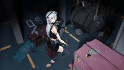 1girl absurdres ak-15_(girls&#039;_frontline) alternate_costume black_shorts black_tank_top blue_eyes cigarette covering_one_eye full_body girls&#039;_frontline gloves grey_gloves grey_hair hair_over_one_eye highres holding holding_cigarette long_hair looking_at_viewer metal_gear_(series) metal_gear_solid michaeliadalto9 no_shoes open_mouth parted_lips shorts sitting solo stirrup_legwear tank_top toeless_legwear