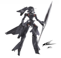 Rule 34 | absurdres, andrew leung, dated, extra eyes, full body, highres, holding, holding lance, holding polearm, holding weapon, lance, mecha, no humans, open hand, original, polearm, robot, science fiction, signature, solo, standing, weapon, white background, white eyes