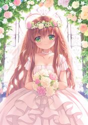 Rule 34 | 1girl, ahoge, backlighting, bead choker, blush, bouquet, braid, breasts, bridal veil, bride, brown hair, cleavage, cleavage cutout, closed mouth, clothing cutout, collarbone, cowboy shot, dress, eyelashes, eyes visible through hair, flower, flower wreath, green eyes, hair between eyes, head tilt, head wreath, highres, hinoue itaru, holding, holding bouquet, indoors, kanbe kotori, large breasts, long dress, long hair, looking at viewer, official art, pink flower, pink rose, red flower, red rose, rewrite, rose, short sleeves, sidelocks, smile, solo, standing, straight-on, twin braids, veil, very long hair, wavy hair, wedding, wedding dress, white dress, white flower, white rose, window, yellow flower, yellow rose