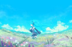 Rule 34 | 1girl, bad id, bad pixiv id, blue eyes, blue hair, cloud, com kom, day, detached sleeves, field, flower, flower field, hand on another&#039;s chest, hand on own chest, hatsune miku, long hair, matching hair/eyes, miniskirt, music, necktie, open mouth, outdoors, petals, pleated skirt, poppy (flower), salvia, singing, skirt, sky, solo, standing, thighhighs, twintails, very long hair, vocaloid, wind, zettai ryouiki