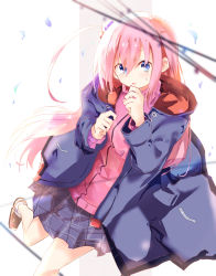 Rule 34 | 1girl, blue eyes, bocchi the rock!, coat, commentary request, gotoh hitori, hair between eyes, hair ornament, highres, jacket, jersey, long hair, long sleeves, pink hair, shoes, skirt, socks, solo, track jacket, track suit, tsugu 0928