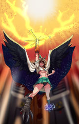 Rule 34 | 1girl, absurdres, arm cannon, arm up, bird wings, black panties, black socks, breasts, brown hair, burnt, burnt clothes, cape, commentary request, dryseaweed, evil grin, evil smile, fang, feathered wings, floating, green ribbon, green skirt, grin, hair ribbon, highres, index finger raised, indoors, korean commentary, large breasts, long hair, looking at viewer, midriff, navel, nuclear reactor, nuclear weapon, panties, pantyshot, red eyes, reiuji utsuho, ribbon, shirt, short sleeves, skirt, slit pupils, smile, socks, solo, standing, sun, touhou, underboob, underwear, very long hair, weapon, white shirt, wings, wire