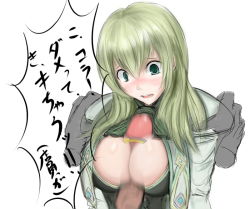 Rule 34 | 1girl, blush, border break, breasts, cleavage, erection, fiona (border break), green eyes, green hair, japanese text, large breasts, large penis, male hand, motion blur, paizuri, penis, simple background, speech bubble, text focus, translation request, uncensored, white background