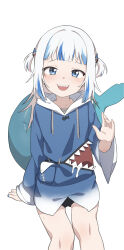 Rule 34 | 1girl, absurdres, blue eyes, blue hair, blue hoodie, blue nails, blunt bangs, blush, commentary, cowboy shot, fins, fish tail, gawr gura, gawr gura (1st costume), hair ornament, highres, hololive, hololive english, hood, hood down, hoodie, long hair, long hoodie, looking at viewer, ludo0109, multicolored hair, nail polish, nervous smile, nervous sweating, open mouth, paid reward available, shark hair ornament, shark tail, sharp teeth, simple background, smile, solo, streaked hair, sweat, tail, teeth, two-tone hair, two side up, variant set, virtual youtuber, waving, white background, white hair