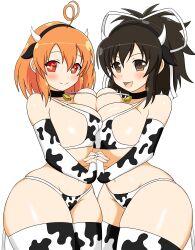 Rule 34 | 2girls, absurdres, ahoge, animal ears, animal print, asuka (senran kagura), bikini, black hair, blush, breast press, breasts, cow ears, cow girl, cow horns, cow print, cow print bikini, cow print gloves, cow print thighhighs, cowbell, crossover, curvy, dot nose, female focus, gloves, highres, holding hands, horns, huge breasts, interlocked fingers, marvelousaql (neptunia), matching hair/eyes, multiple girls, musical note, musical note-shaped pupils, navel, neptune (series), open mouth, orange eyes, orange hair, orange pupils, pale skin, print bikini, print gloves, print thighhighs, senran kagura, shiny skin, short hair, skindentation, smile, soulkibble, swimsuit, symbol-shaped pupils, symmetrical docking, thick thighs, thighhighs, thighs, wide hips