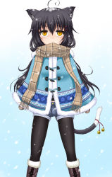 Rule 34 | 1girl, ahoge, animal ears, aqua background, bell, black hair, black pantyhose, blush, boots, cat ears, cat tail, cross-laced footwear, fur trim, gradient background, hair ornament, hairclip, jingle bell, lace-up boots, long hair, mittens, original, pantyhose, pantyhose under shorts, plaid, plaid scarf, scarf, shimo (depthbomb), short shorts, shorts, simple background, slit pupils, snow, snowing, solo, tail, tail bell, tail ornament, white background, winter clothes, yellow eyes